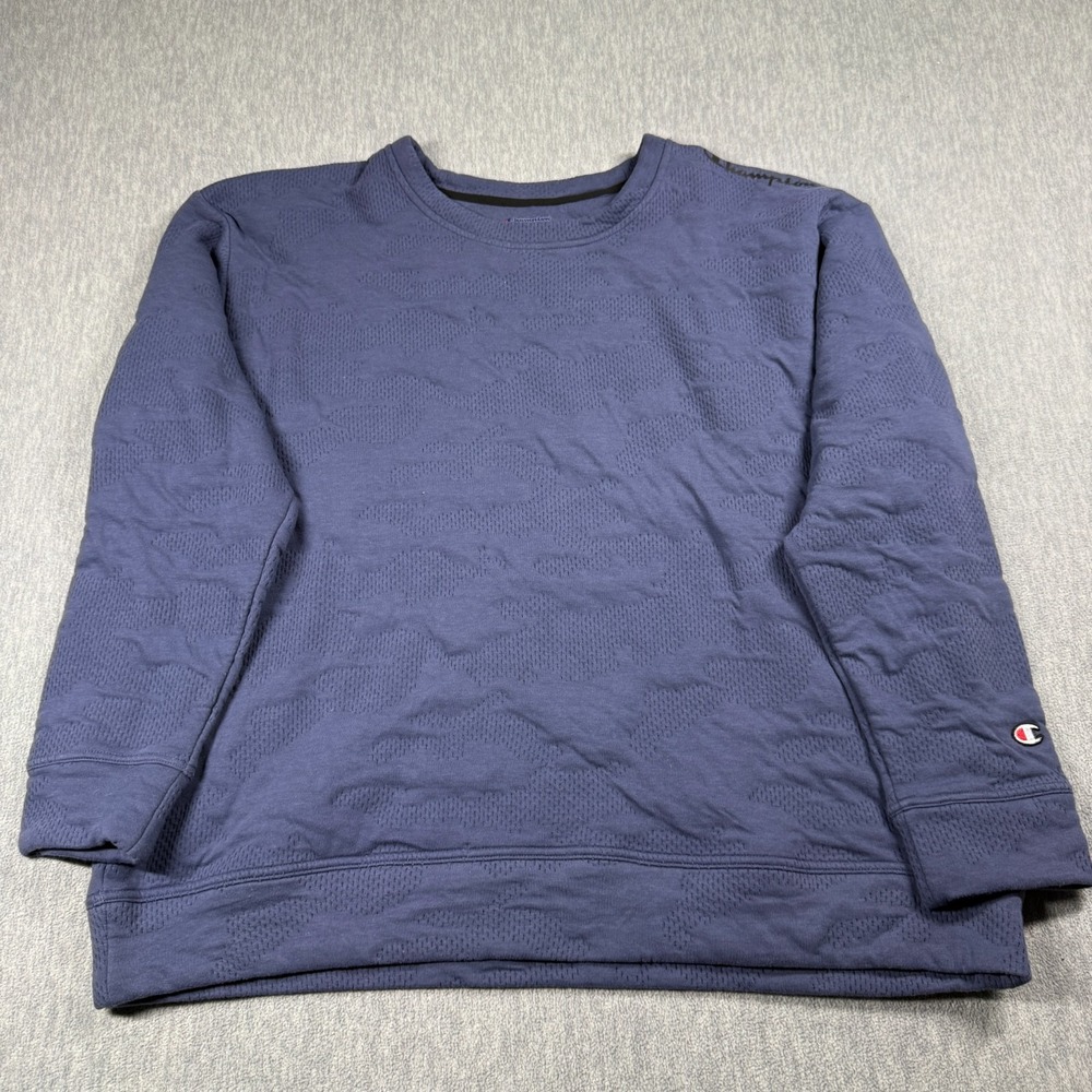 Champion Sweatshirt Mens 2XL Blue Camo Embossed Crewneck Fleece Pullover Casual